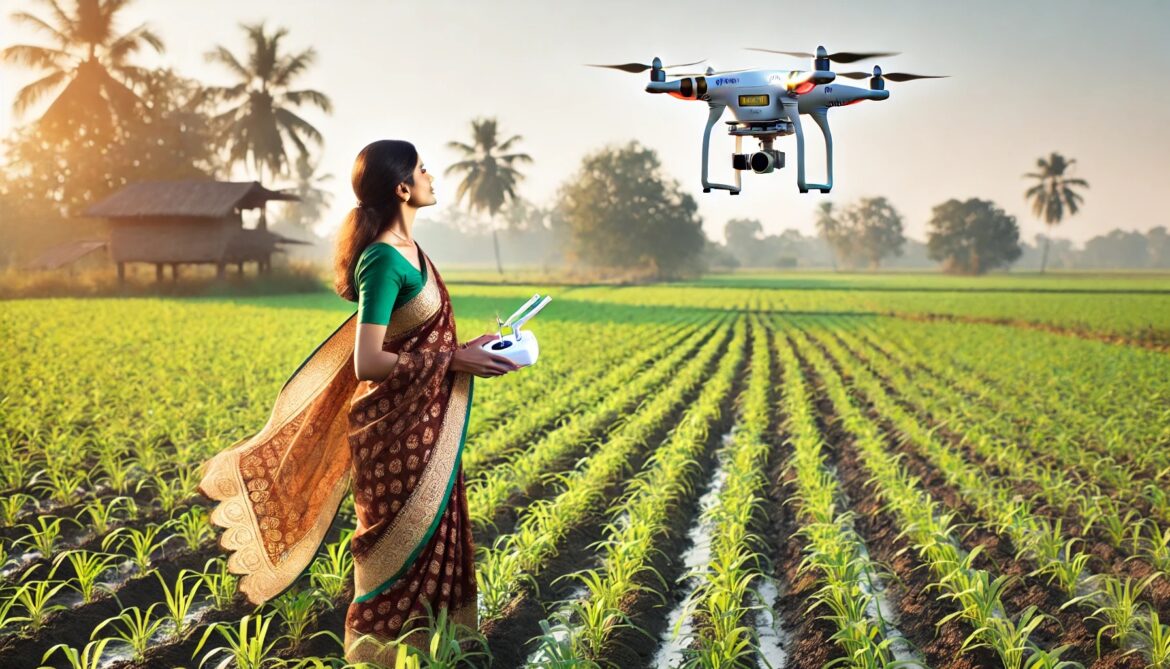 Indian women flying a drone Rural women from India flying drones